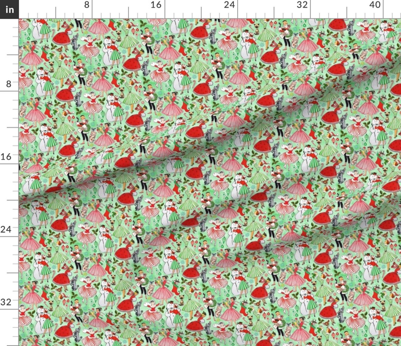 Christmas Pinup 1950S Retro Vintage Snowman Candy Canes Holiday Pin-Up Festive Winter Green Cutouts Custom Printed Fabric by Spoonflower Various Fabrics by the Yard or Fat Quarter